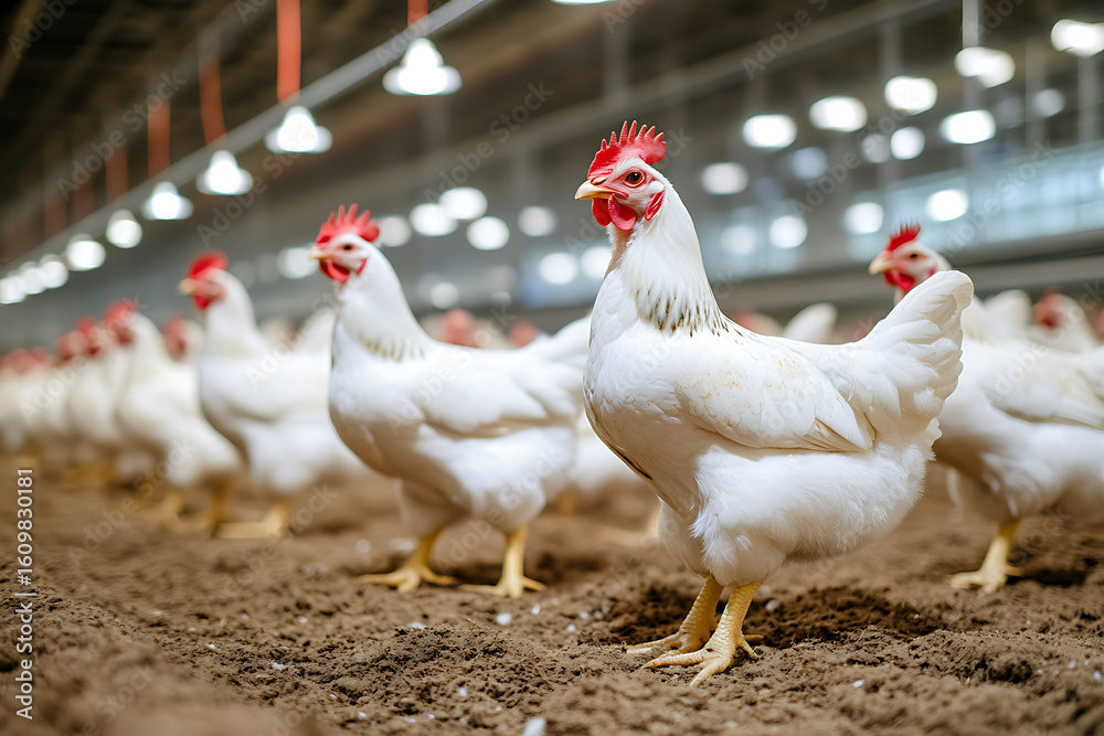Fototapeta premium White broiler chickens standing on a sandy floor in a large chicken farm