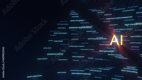 AI Application real-world use cases like disease prediction, robotic surgery, and smart logistics. Abstract grid design with left-side copy space, ideal for presentations or overlays