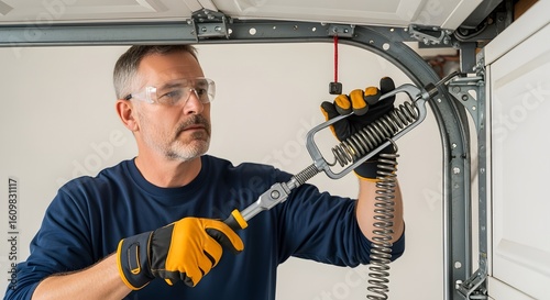 Man repairing garage door spring with tool wearing safety glasses and gloves working on door track