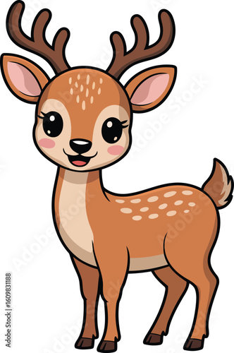 Adorable Cartoon Deer with Big Eyes and Antlers Standing on Transparent Background Vector