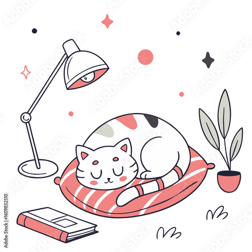 Chubby Cat Sleeping on Cushion – Cozy Hand-Drawn Illustration of Cute Feline Nap Scene