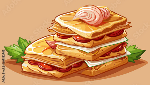 very Beautiful Stack of appetising puff pastry toasts with cheese and ham. beige background
