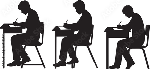 Three students in silhouette writing at desks
