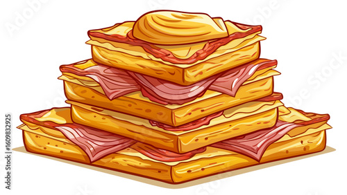 very Beautiful Stack of appetising puff pastry toasts with cheese and ham. beige background
