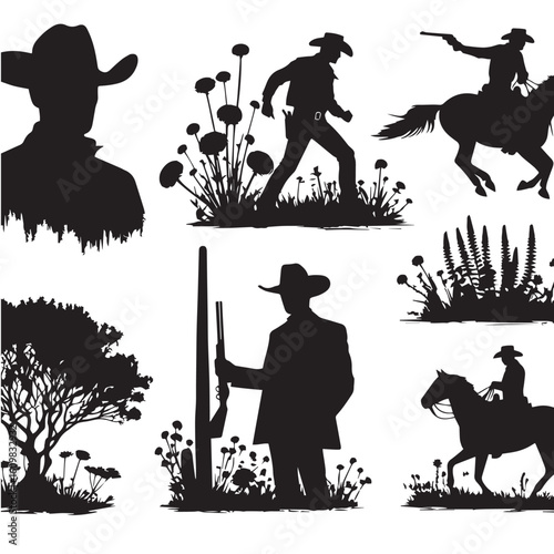 
Silhouette of a Cowboy on Horseback at Sunset

Western Cowboy Silhouette Against Dramatic Sky

Cowboy Riding Horse – Vintage Wild West Silhouette

Lone Cowboy Silhouette with Hat and Lasso

