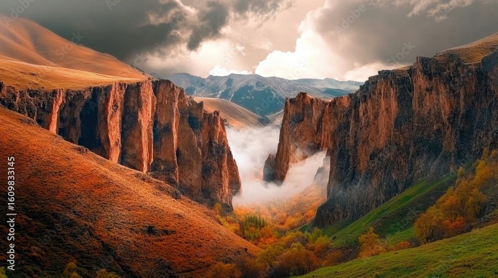 Fototapeta premium Dramatic rocky canyon with steep cliffs and vibrant autumn foliage, surrounded by rolling hills under stormy sky. Mist fills canyon, creating cinematic and serene atmosphere