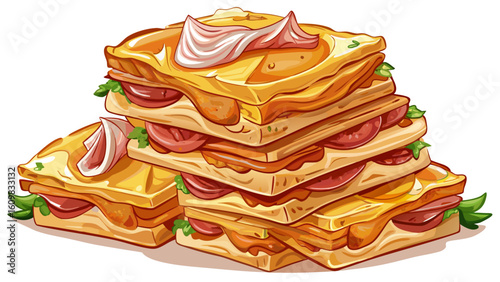 very Beautiful Stack of appetising puff pastry toasts with cheese and ham. beige background