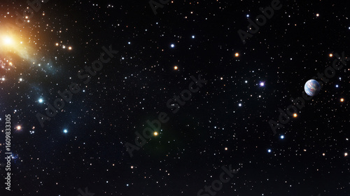 Fototapeta Naklejka Na Ścianę i Meble -  Breathtaking deep space panorama showcasing glowing nebula on left, distant planet on right, and countless stars scattered across infinite cosmos