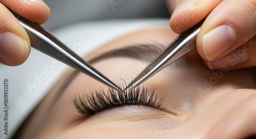 Close up of a beauty technician applying individual eyelash extensions with tweezers