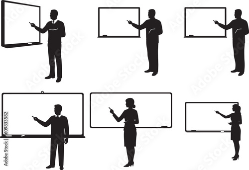 Business professionals presenting at whiteboards silhouette