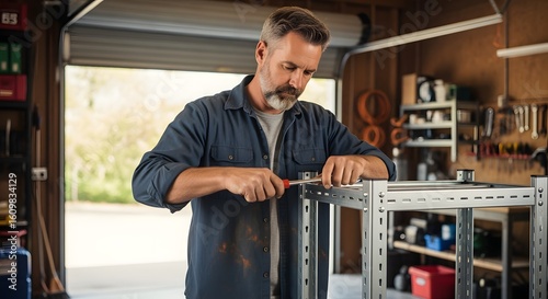 Man assembling metal shelving unit in garage with screwdriver looking down concentrating on his work area 100