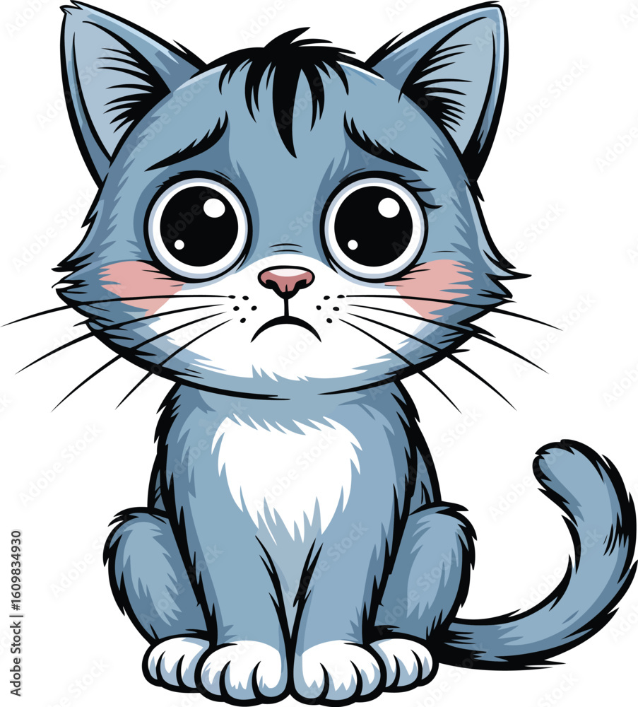 Fototapeta premium Sad Kitten Cartoon Character with Big Eyes on Transparent Background Vector Illustration