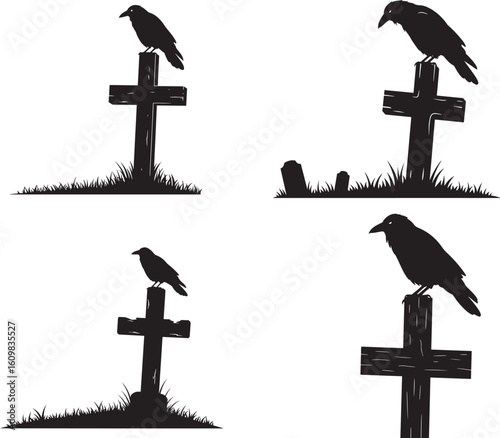 Four raven silhouettes perched on gravestones silhouette