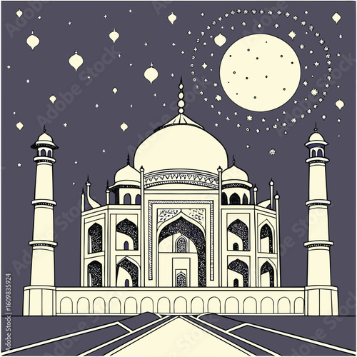 Iconic taj mahal monument illuminated under a vibrant starry night sky with a soft glowing aura showcasing its majestic architecture and celestial backdrop