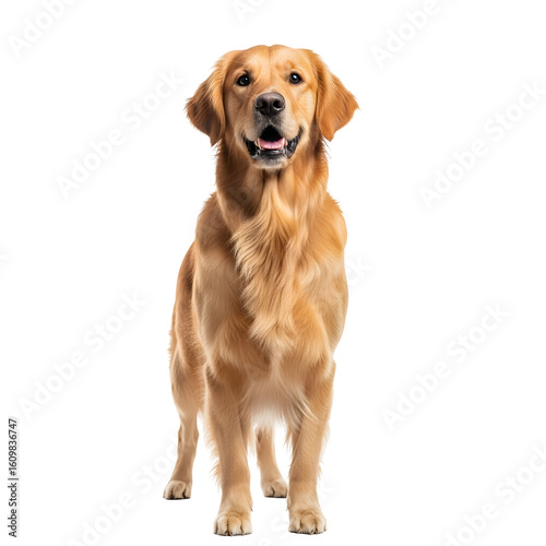Golden retriever stands against black background