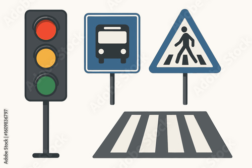 Traffic icons: signal, bus stop, pedestrian crossing road signs