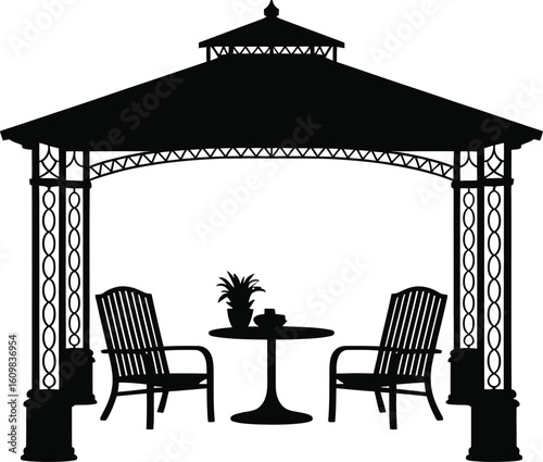 Black silhouette of gazebo with chairs and table outdoor