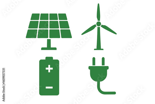 Green energy icons: solar panel, wind turbine, battery, plug symbols
