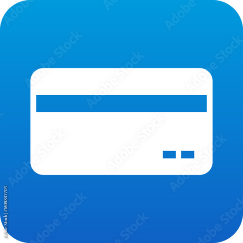 Simple white credit card icon with blue stripe and dots on a blue background