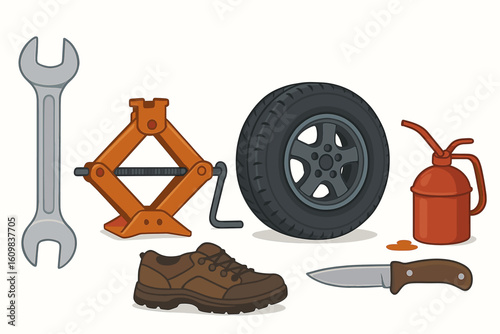 Set of tools and equipment for car maintenance including tire and wrench