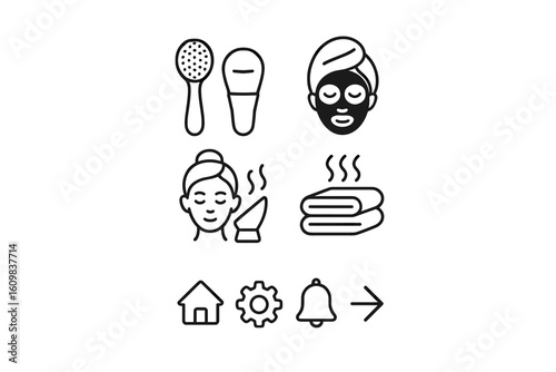 Spa and skincare icons: tools, masks, and relaxation elements in black and white