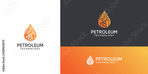 Vector oil drilling rig with dot connection logo design icon inspiration. Technology and petroleum industry template.