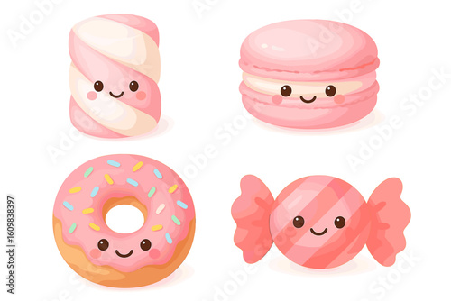Cute kawaii pink sweets with smiling marshmallow macaron donut candy