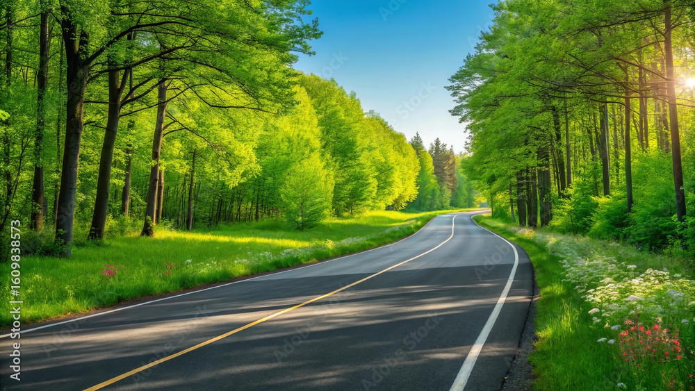 Obraz premium Scenic Summer Road Trip: Lush Green Forest & Winding Asphalt Highway
