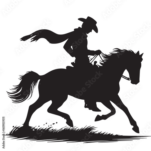 
Silhouette of a Cowboy on Horseback at Sunset

Western Cowboy Silhouette Against Dramatic Sky

Cowboy Riding Horse – Vintage Wild West Silhouette

Lone Cowboy Silhouette with Hat and Lasso

