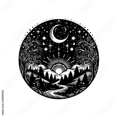 Celestial Landscape with Crescent Moon and Sun.