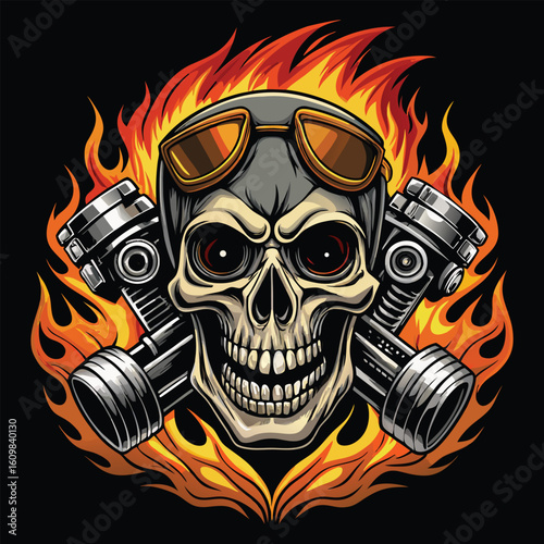 A grunge pirate skull and crossbones illustration with a fiery
