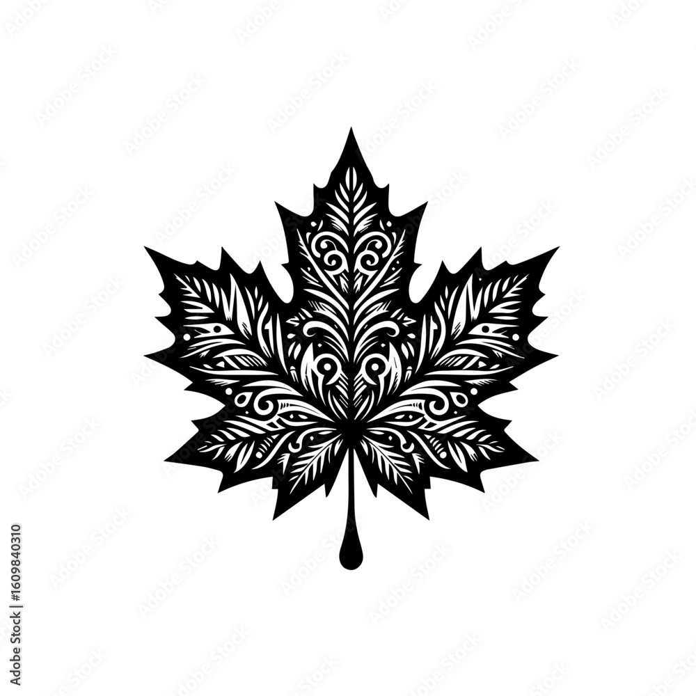 Obraz premium Intricate Black and White Maple Leaf Design 1.