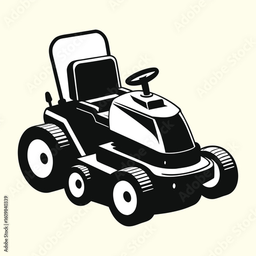 A vector silhouette icon of a riding lawn mower. A garden tractor illustration for a landscaping or lawn care service, representing yard work
