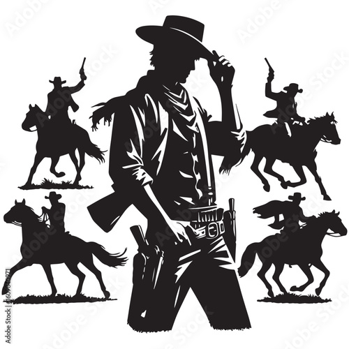 
Silhouette of a Cowboy on Horseback at Sunset

Western Cowboy Silhouette Against Dramatic Sky

Cowboy Riding Horse – Vintage Wild West Silhouette

Lone Cowboy Silhouette with Hat and Lasso

