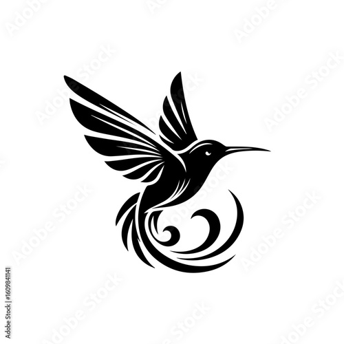 Stylized Black Hummingbird in Flight with Swirls.