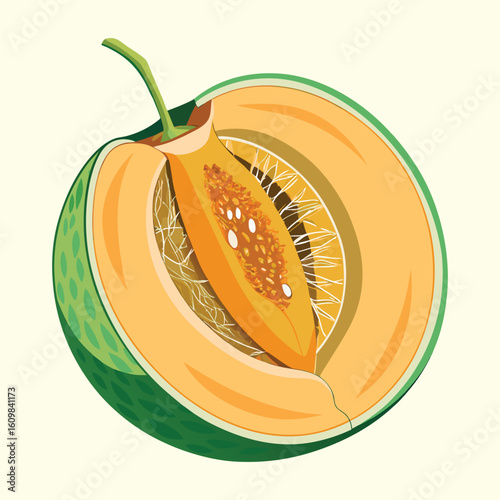 Vector illustration of a fresh cantaloupe melon with a slice cut out to show the seeds and flesh