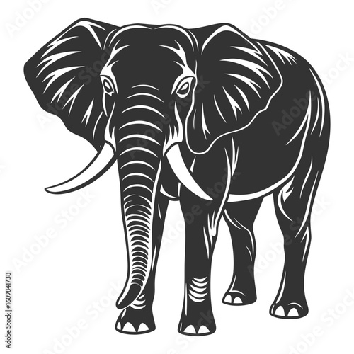 African elephant, a large gray mammal with huge tusks, walking in nature, isolated on white