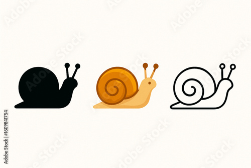  
 Set of Snail Variants – Silhouette, Colorful, and Outline Versions – Vector Illustration of Garden Snail for Nature, Slow Movement, and Wildlife Concepts
