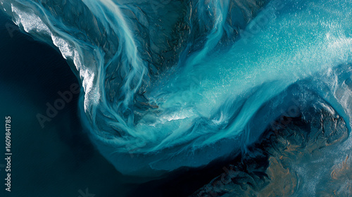 An abstract aerial view of swirling turquoise water creating dynamic patterns