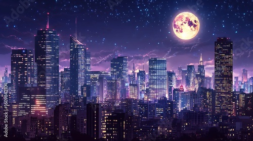 Stunning nighttime cityscape illustration with a vibrant moon and twinkling stars in the night sky photo