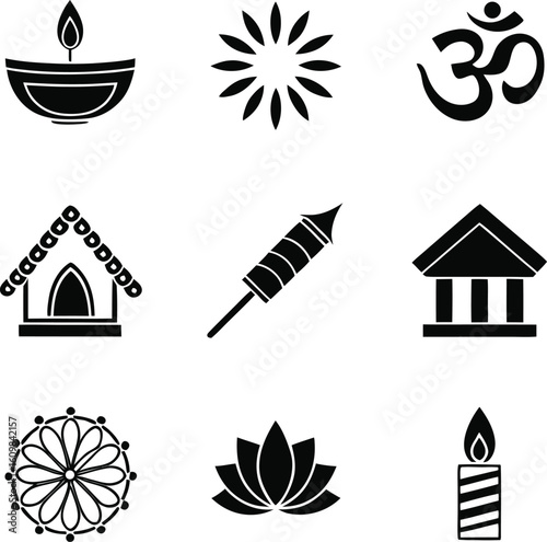 Black silhouette icons of Indian festival symbols including diya oil lamp Om symbol lotus flower and fireworks