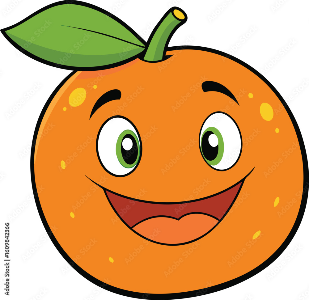 Happy cartoon orange character with green leaf and smiling face Happy cartoon orange character with green leaf and smiling face