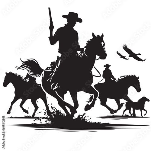 
Silhouette of a Cowboy on Horseback at Sunset

Western Cowboy Silhouette Against Dramatic Sky

Cowboy Riding Horse – Vintage Wild West Silhouette

Lone Cowboy Silhouette with Hat and Lasso

