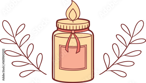 Aromatherapy candle with decorative leaves creating a soothing and calming atmosphere perfect for relaxation and well being