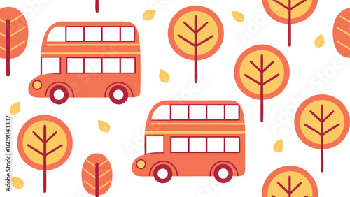 Autumn themed seamless pattern design with double decker buses and trees against white background creating a charming seasonal wallpaper