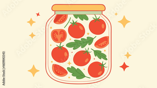 Artistic illustration of fresh red tomatoes preserved in a glass jar surrounded by sparkling stars of delight