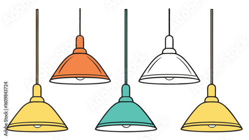 Colorful Pendant Lamps Modern Interior Lighting Fixtures Hanging from Ceiling Vibrant Decorative Elements in Illustration Style