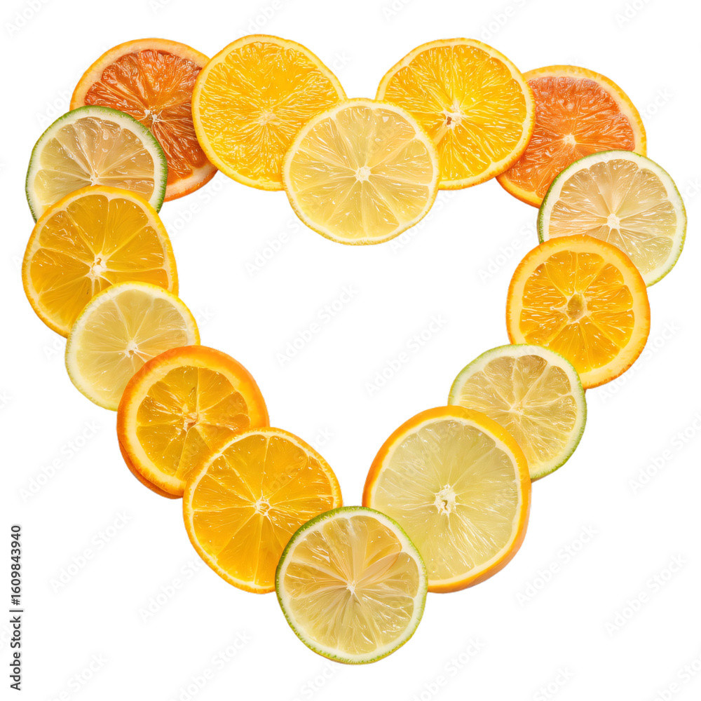 Obraz premium Heart-shaped arrangement of fresh citrus fruit slices, isolated PNG transparent background