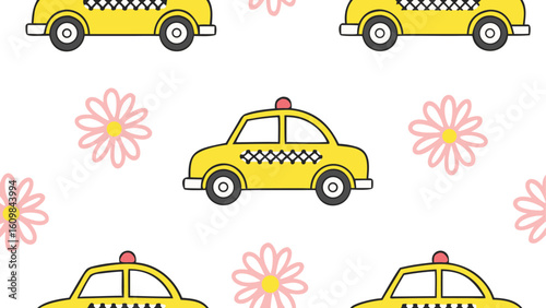 Cute Repeating Pattern with Yellow Taxi Cabs and Pink Flowers on White Background for Childrens Designs and Products