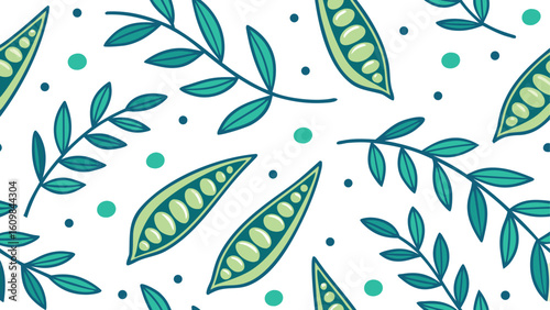 Fresh Green Pea Pods and Leaves Seamless Pattern Illustration for Backgrounds and Textile Prints with a Vegetarian Theme